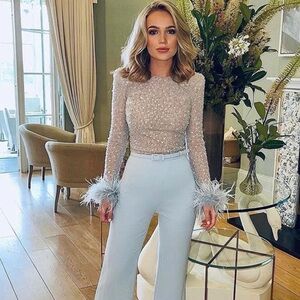 Periwinkle Blue Sequin and Feather Jumperpsuit